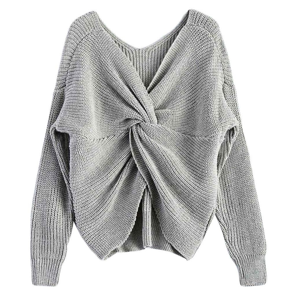 ⬇️ $49 Gray V Neck Twisted Knot Back Sweater Gray - Picture 2 of 8
